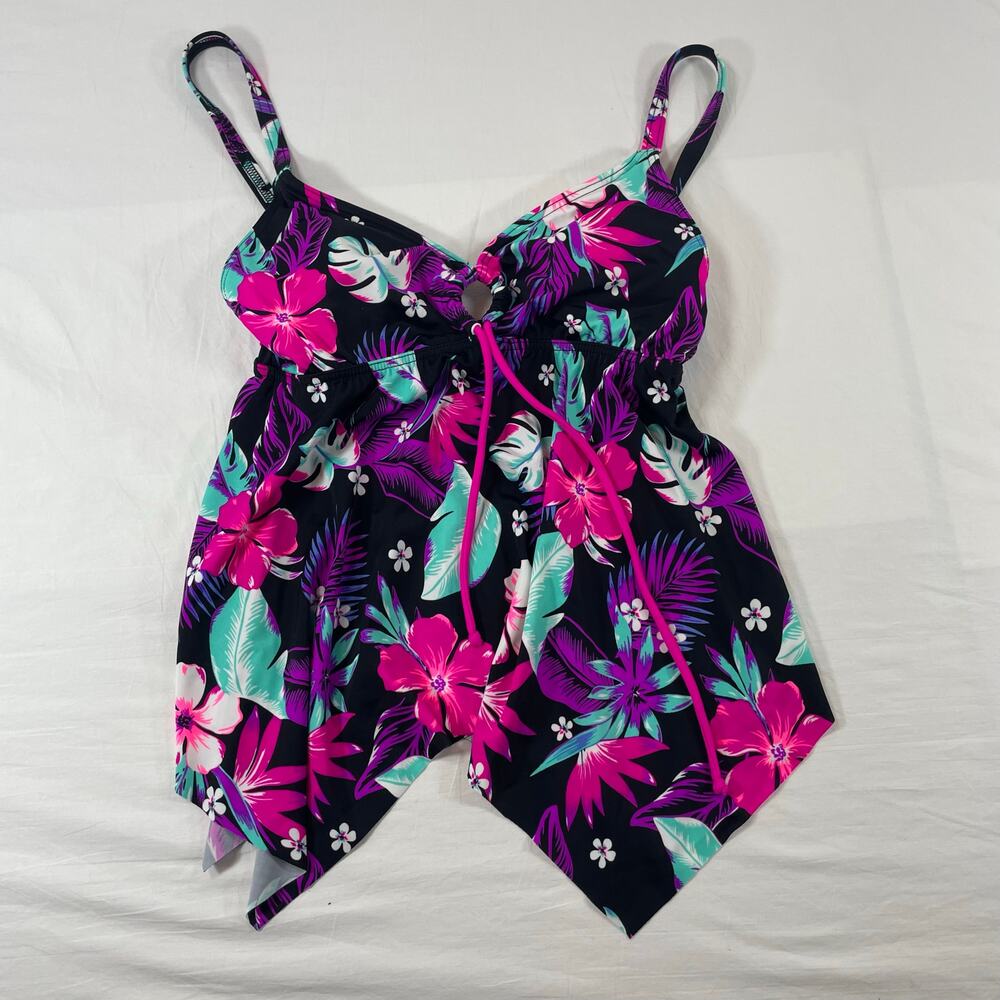 Venus Floral Handkerchief Hem Tankini Top Swimsuit Black Pink Size 6 Women